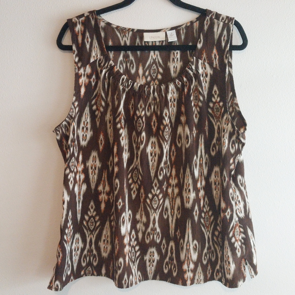 Chico's Brown and Tan Ikat Print Sleeveless Tank Blouse
